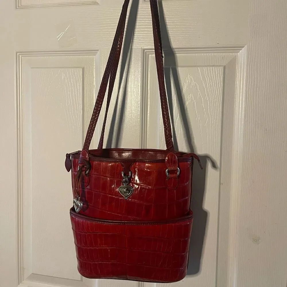Brighton Penelope Red Leather Croc embossed Bucket Shoulder Bag silver accents.